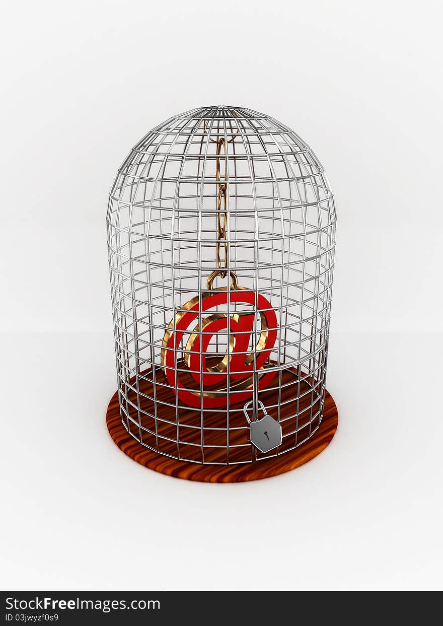 Bird cage with sign at and chain isolated on white background. 3D