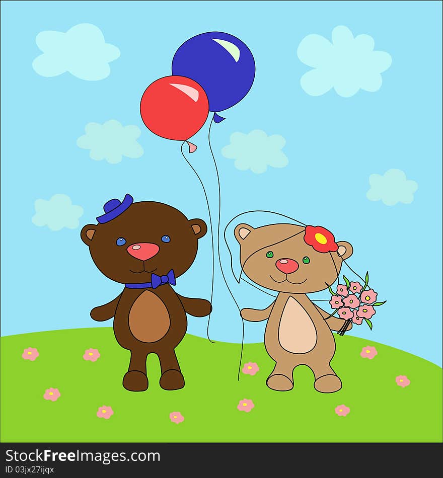 The color illustration with cartoon bears. The color illustration with cartoon bears