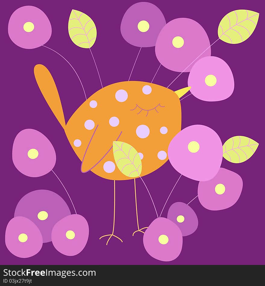 The color illustration with bird and flowers. The color illustration with bird and flowers