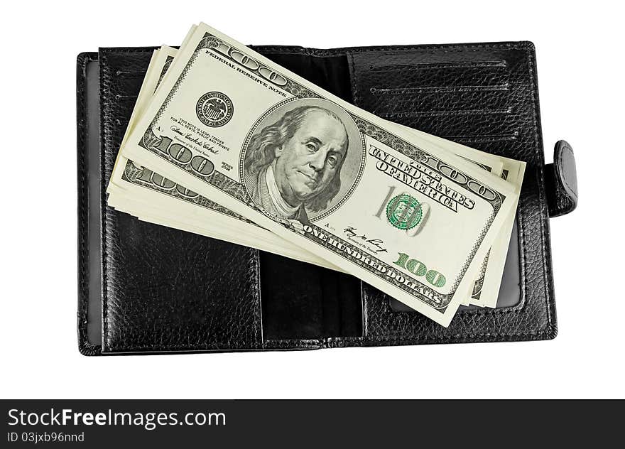 Black leather wallet with money