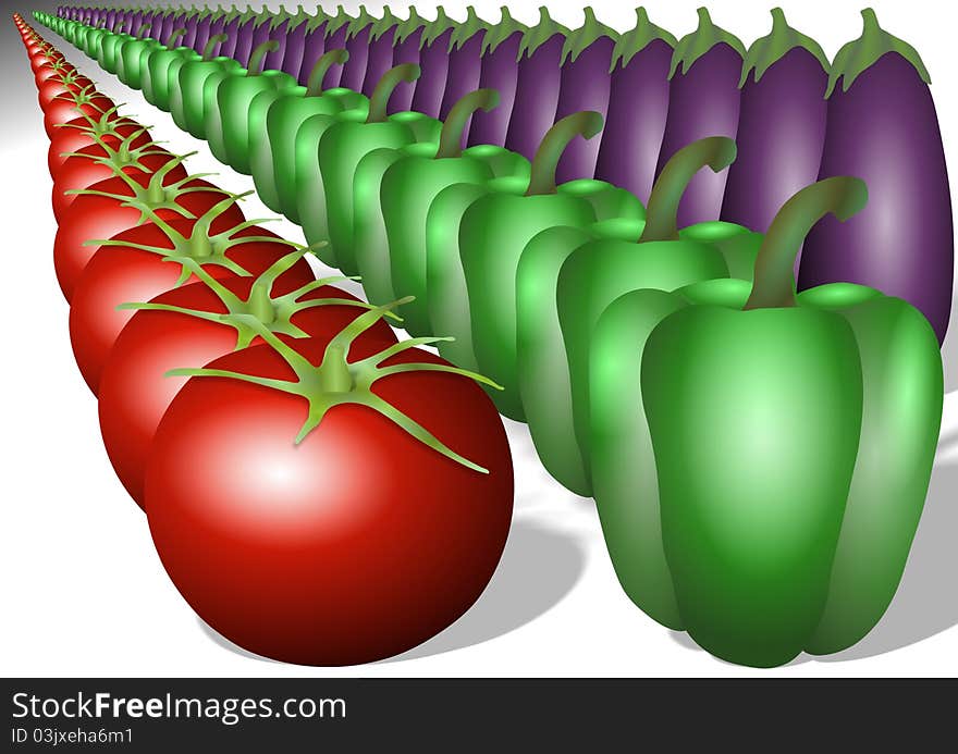 Different types of vegetables set in three straight lines. Different types of vegetables set in three straight lines