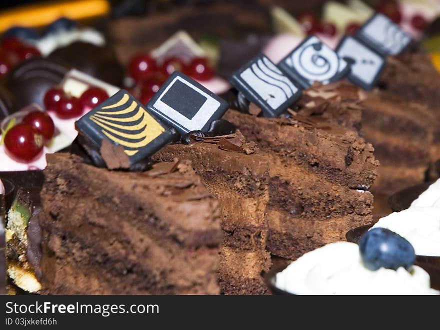 Appetizer chocolate cakes on a wedding party. Appetizer chocolate cakes on a wedding party