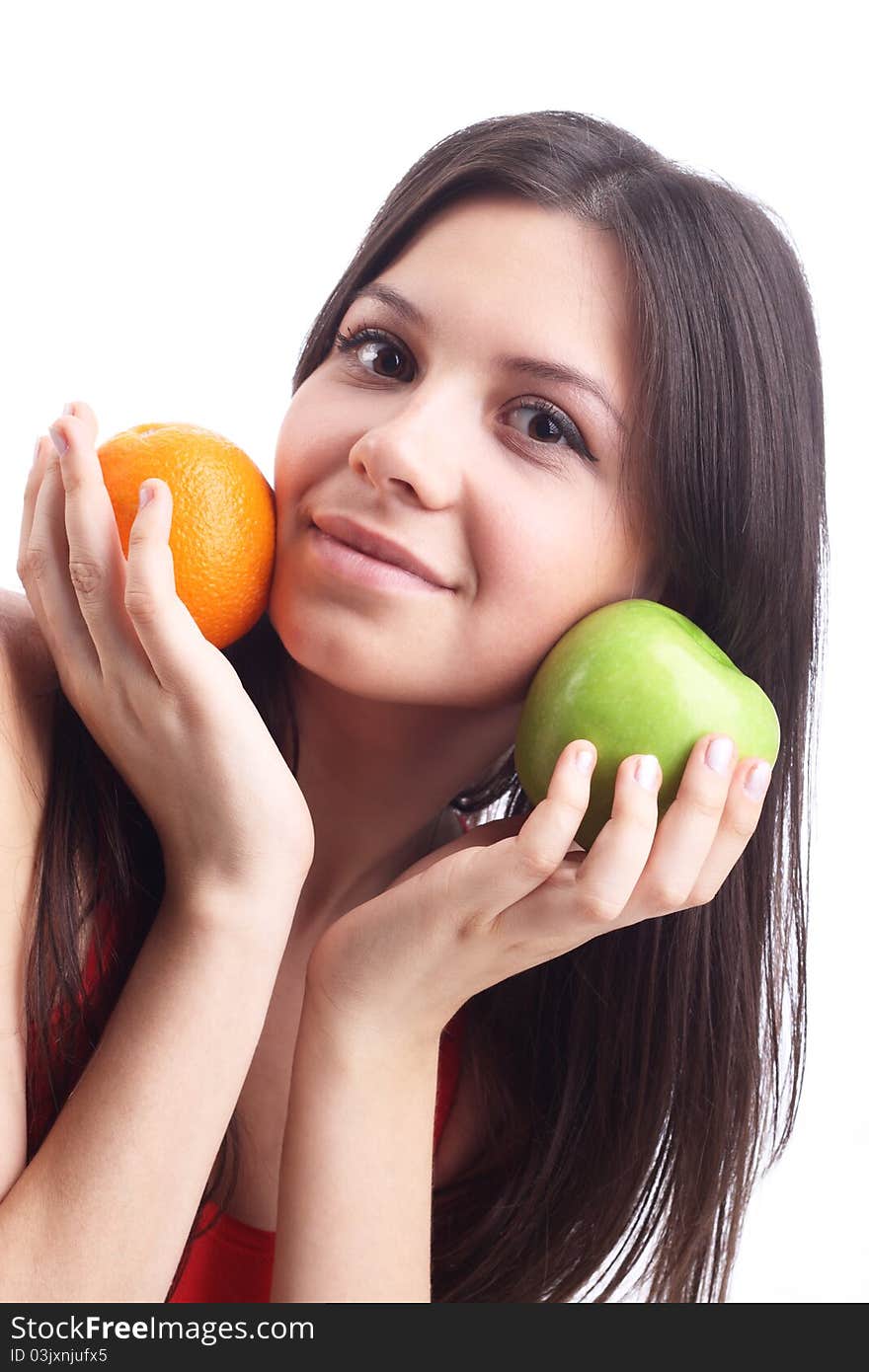 Young Woman With  Apple And Orange. Isolated