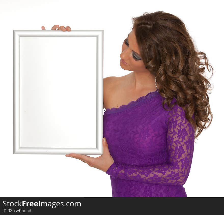 Beautiful woman holding a white sign. Beautiful woman holding a white sign