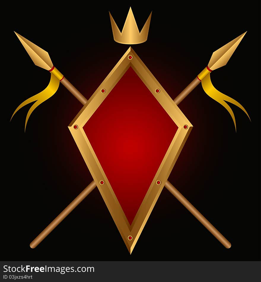 Board and spears on a black background. Above a crown. A heraldic composition.