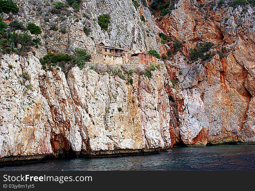 Traditional small houses on the rocks, Mount Athso, Greece