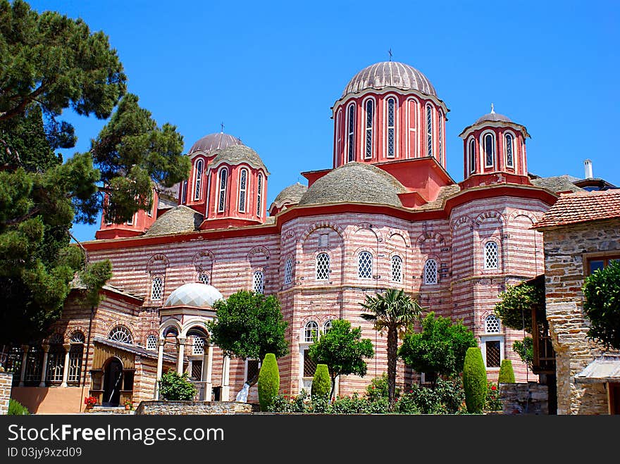 Panoramic view of historic church in monastery Xenofon on mount Athos, Greece