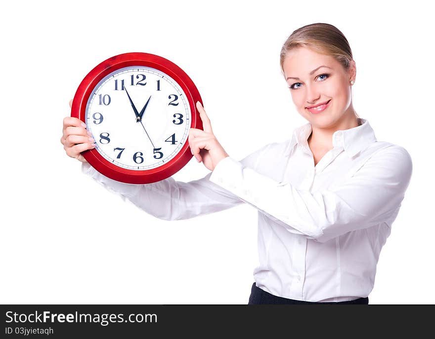 Happy woman with clock over white background