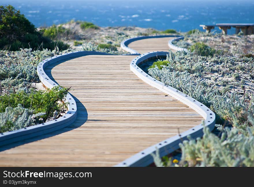 Winding wooden walkway leading towards the ocean with a bench