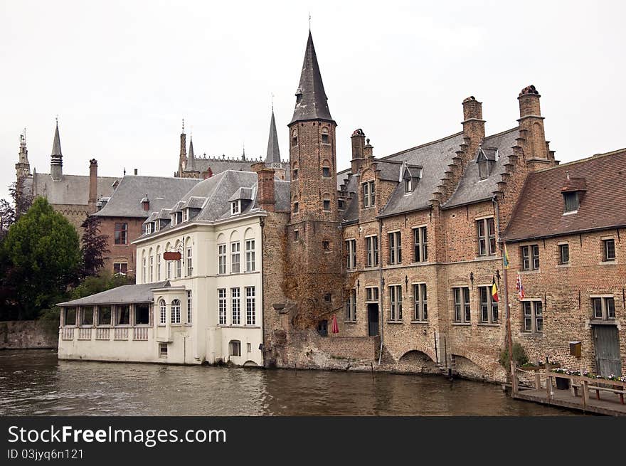 Canal with historic houses in Brugge, Belgium