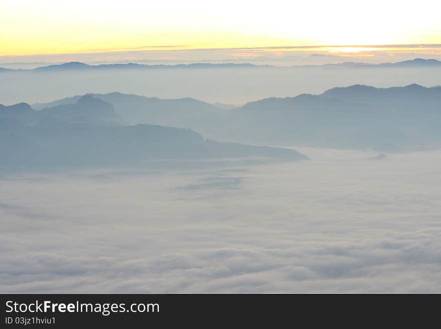 View point wetlands sea fog Doi Luang Chiang Dao.