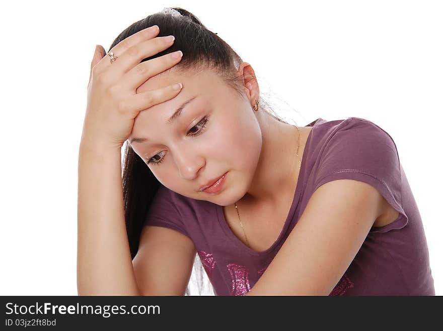 Beautiful young woman looking size in thoughtful and dreaming - white background,horisontal