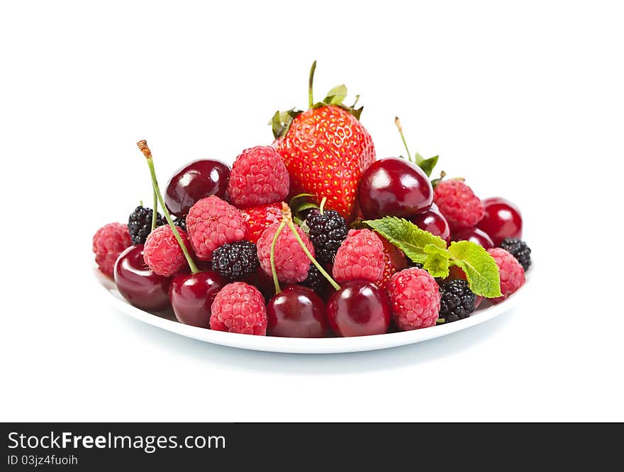 Mulberry, strawberry, raspberry and cherry on white background. Mulberry, strawberry, raspberry and cherry on white background