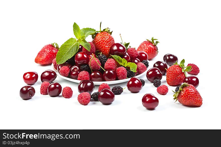 Mulberry, strawberry, raspberry and cherry on white background. Mulberry, strawberry, raspberry and cherry on white background