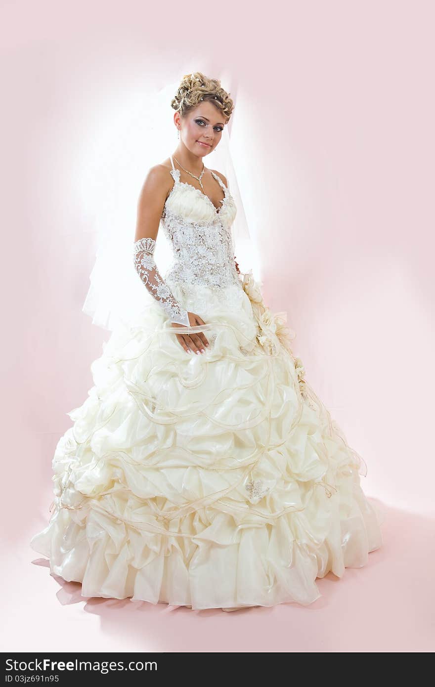 Portrait of the beautiful bride in studio on a pink background. Portrait of the beautiful bride in studio on a pink background