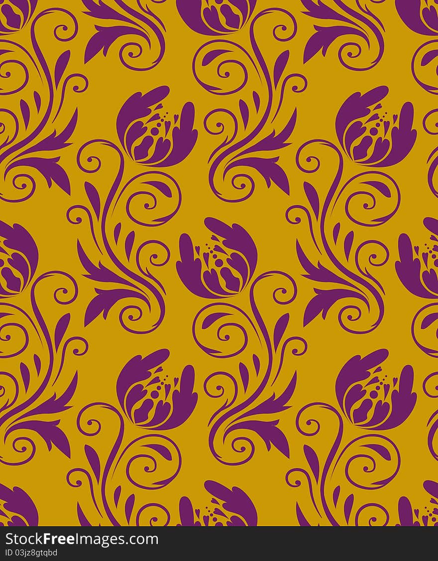 Seamless pattern - purple flowers on a yellow background