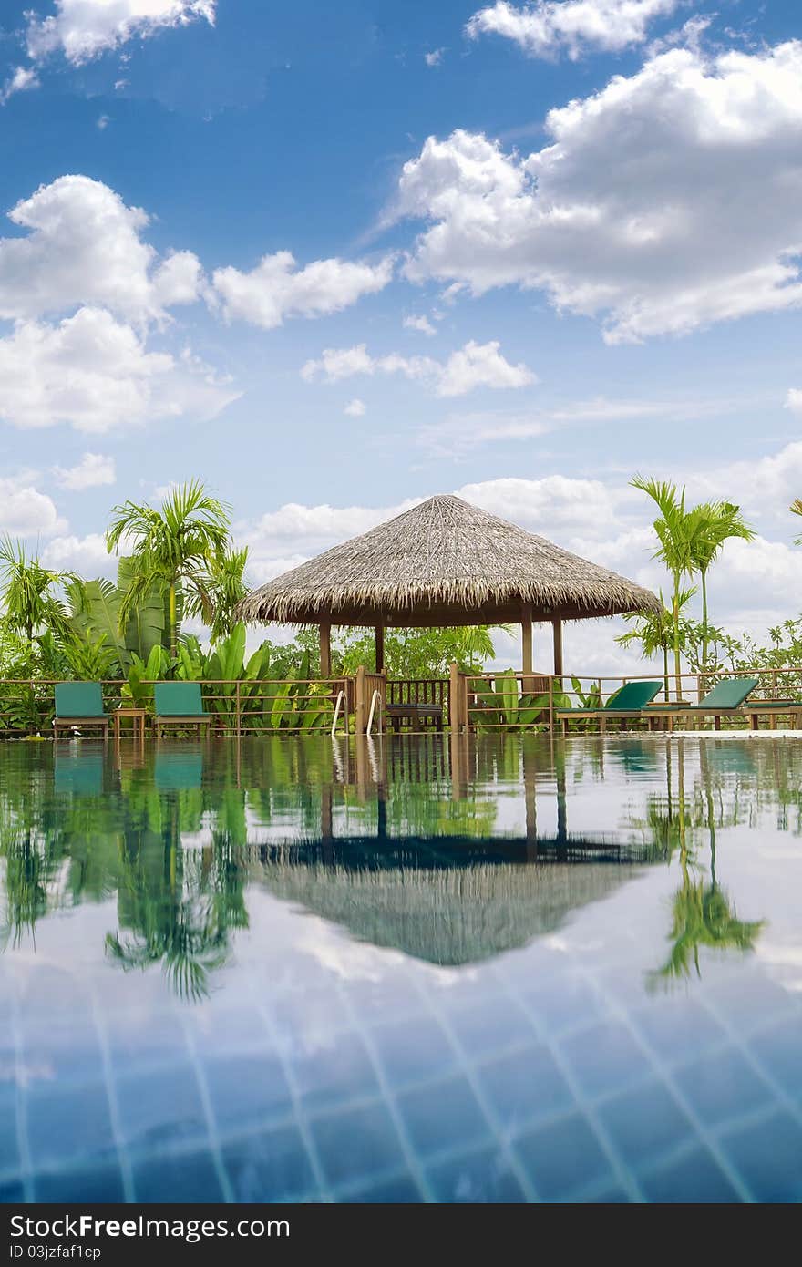 View of nice tropical pool  with exotic hut on the back