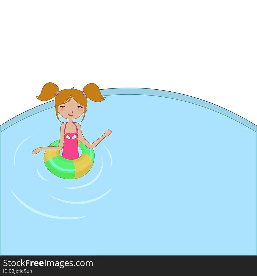 Vector Illustration of funny Kiddie style design summer background with the little girl in the water