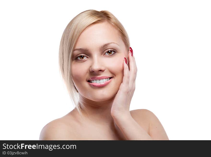 Portrait of smiling woman on white