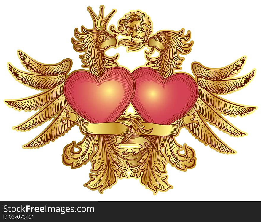 Golden eagles with red hearts, isolated. Golden eagles with red hearts, isolated