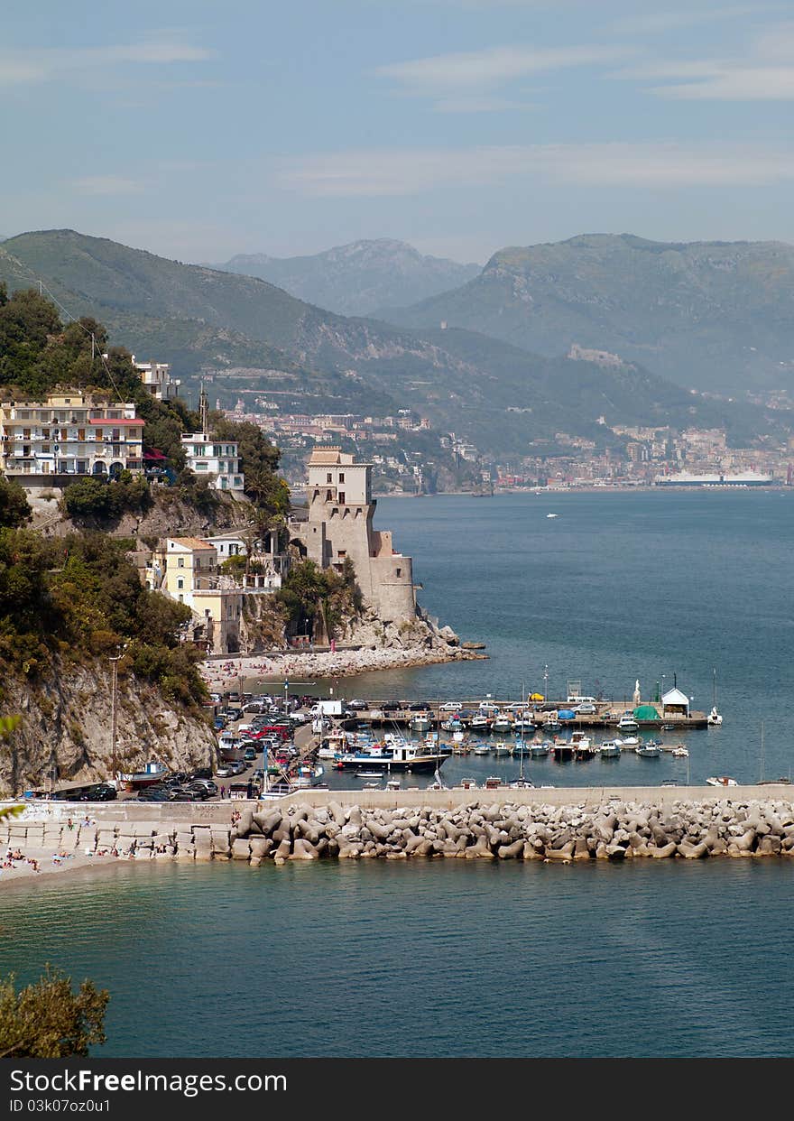 Coast of Italy and the port with several sports yachts