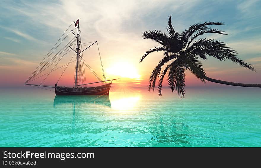 Sailing boat and palm tree