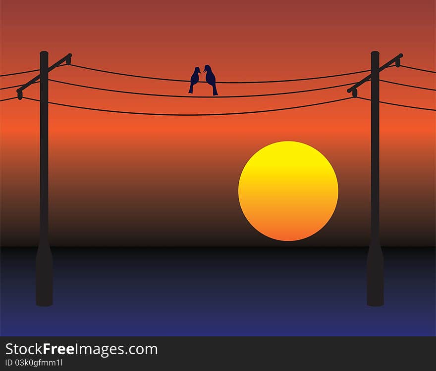 Birds date on electrical wires over red sunset sky. Love romance metaphor illustration. Birds date on electrical wires over red sunset sky. Love romance metaphor illustration.