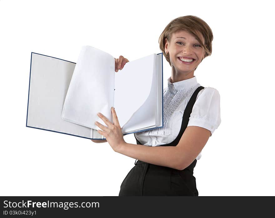 Portrait of the girl of the secretary with a folder for papers on a white background. Portrait of the girl of the secretary with a folder for papers on a white background