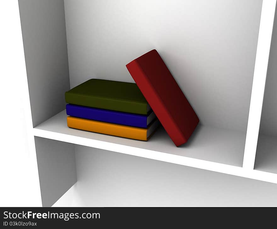 Colorful books on a white shelf 3d