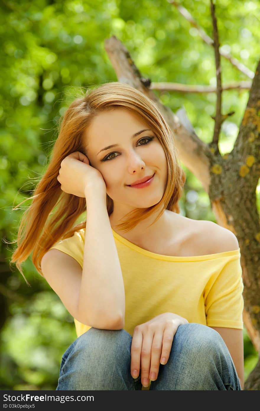 Redhead Girl At Summer Park.