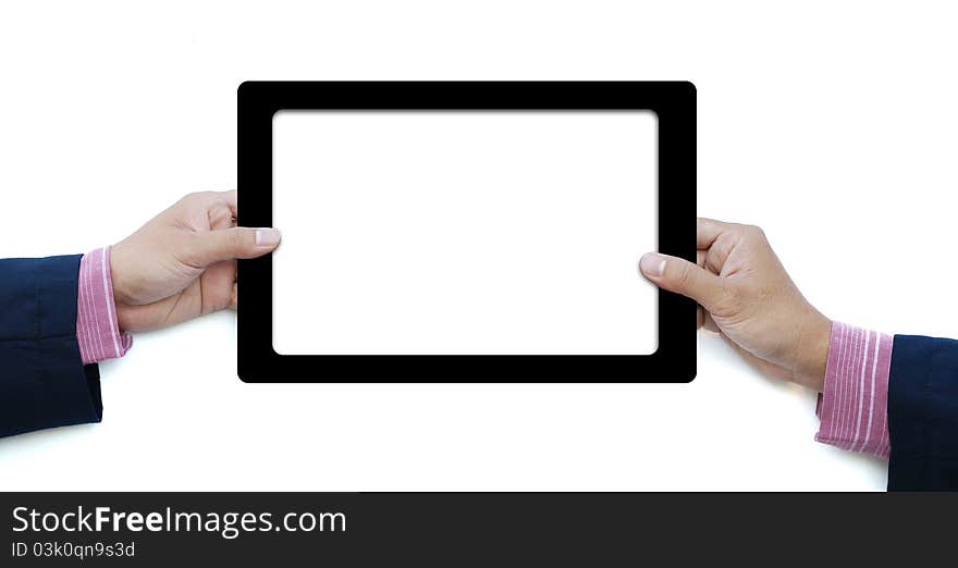 Art work hand of business man hold the touch screen computer isolated on white background. Art work hand of business man hold the touch screen computer isolated on white background