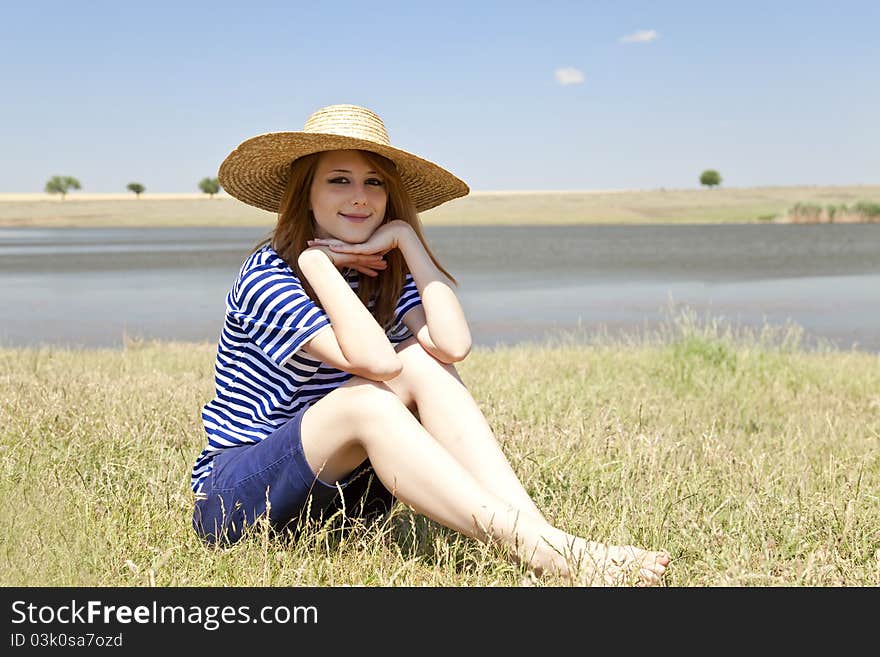 Redhead Girl At Countryside Nead Lake.