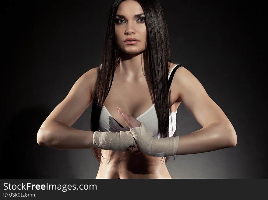 Beautiful woman boxer portrait