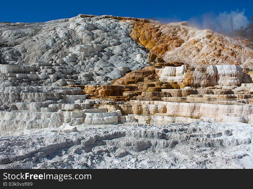 Travertine terrace at Mammoth Hot Springs in Yellowstone National Park, Wyoming. Travertine terrace at Mammoth Hot Springs in Yellowstone National Park, Wyoming