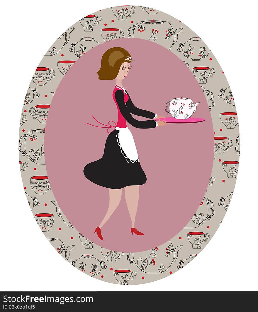 Retro waitress in the frame with pattern