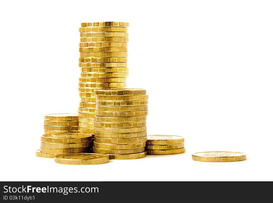 Columns of coins isolated on white background