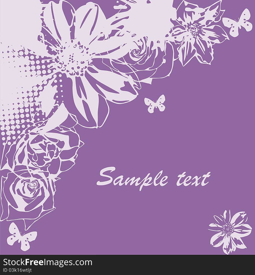 Postcard with beautiful flowers on violet background. Vector illustration. Postcard with beautiful flowers on violet background. Vector illustration