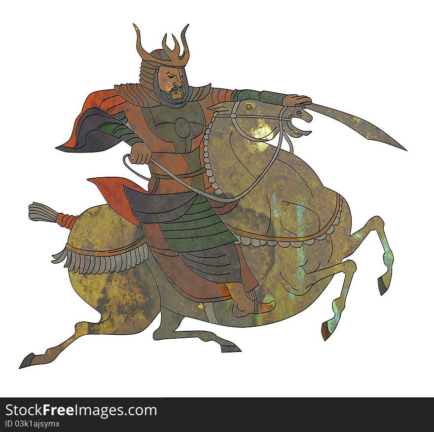 Samurai warrior with sword riding horse