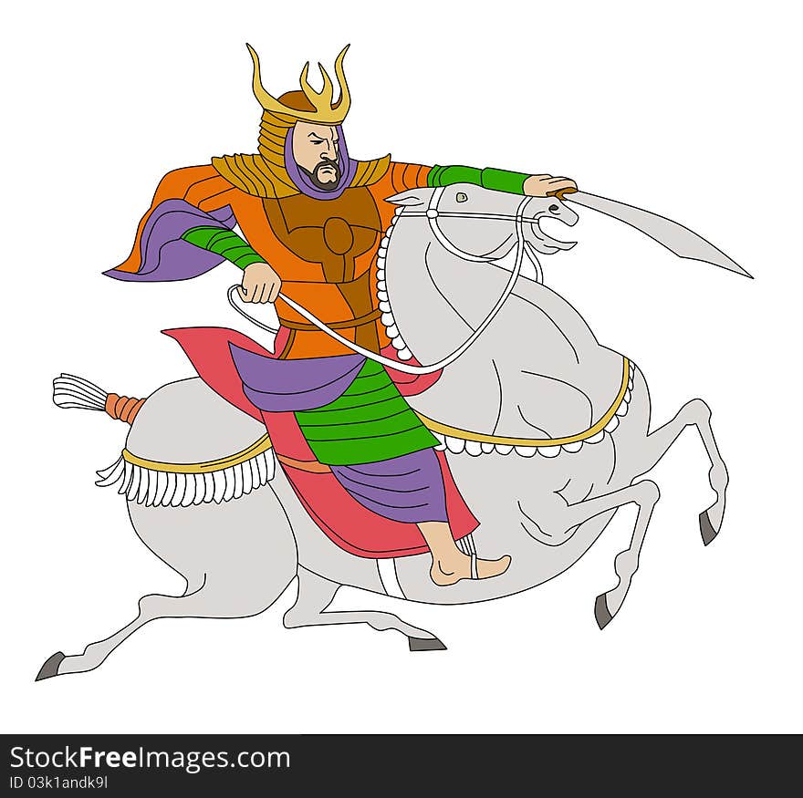 Illustration of a Samurai warrior with sword riding a horse viewed from side done in cartoon style on isolated background. Illustration of a Samurai warrior with sword riding a horse viewed from side done in cartoon style on isolated background