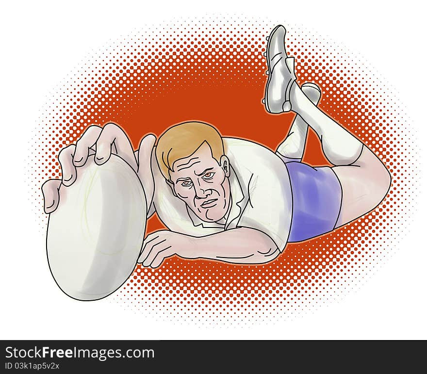 Illustration of a rugby player scoring a try with halftone dots on isolated background