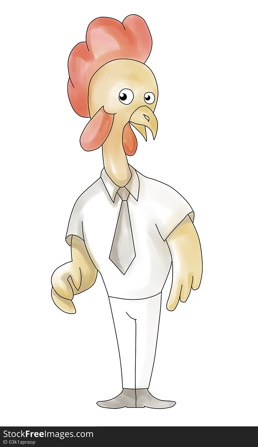 Illustration of a cartoon rooster chicken standing acting surprise with necktie on isolated white background