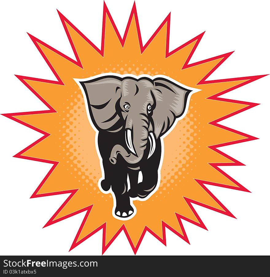 Illustration of an african elephant charging halftone dots set inside exploding balloon done in retro style on isolated background