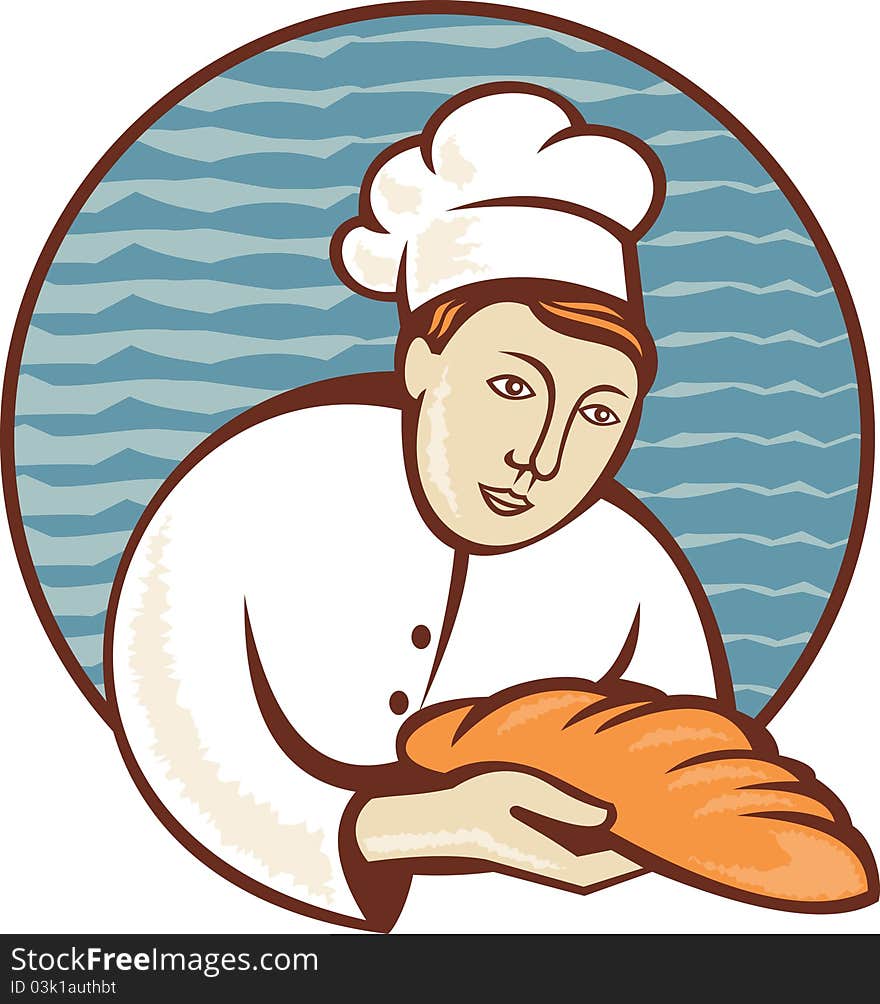 Illustration of a baker chef cook holding a loaf of bread set inside circle done in retro style. Illustration of a baker chef cook holding a loaf of bread set inside circle done in retro style.