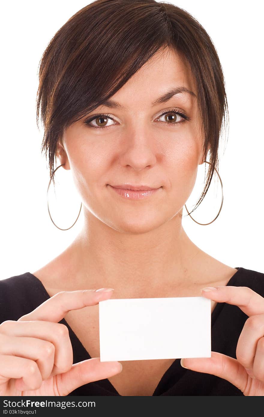 Beautiful young woman holding business card