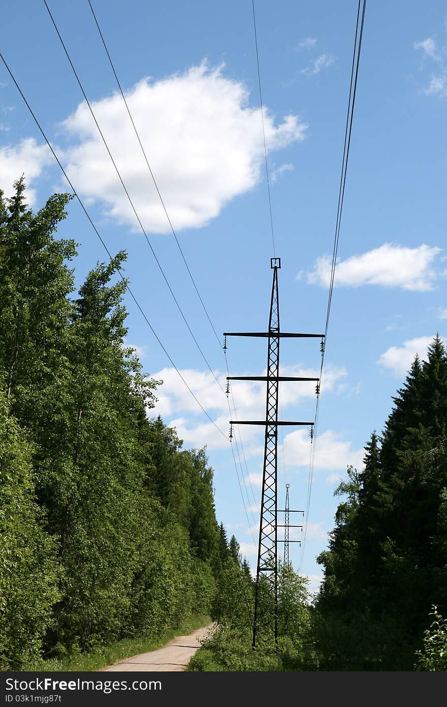 Electric wires in a blue sky