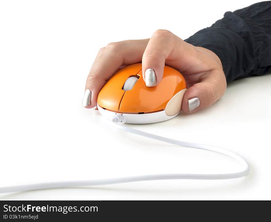 Computer mouse in hand isolated on white