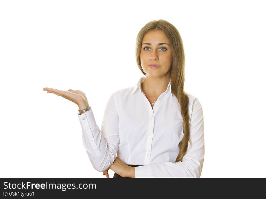 Close up of attractive, modern business woman gestures shows prezentuetyu isolated on white background. Close up of attractive, modern business woman gestures shows prezentuetyu isolated on white background