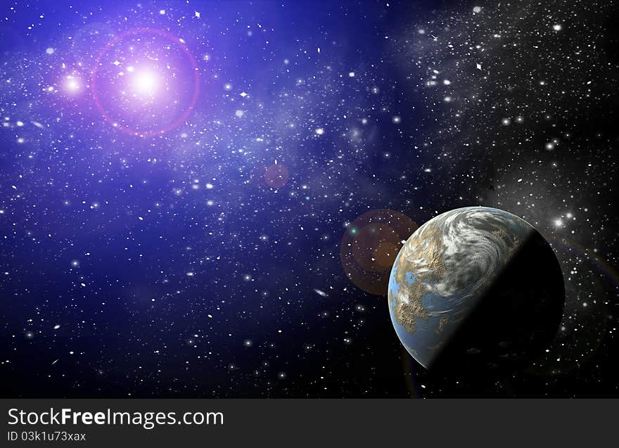 Planet in space in the star sky of flash, light