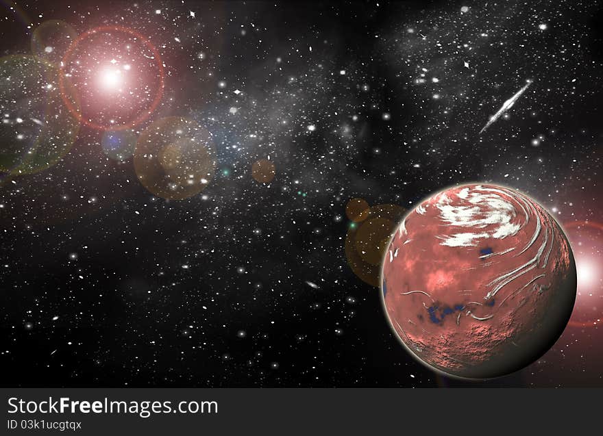 Red Planet in space in the star sky of flash, light