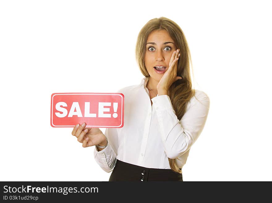 Close-up of an attractive business woman holding a card sale. Isolated on a white background. Close-up of an attractive business woman holding a card sale. Isolated on a white background